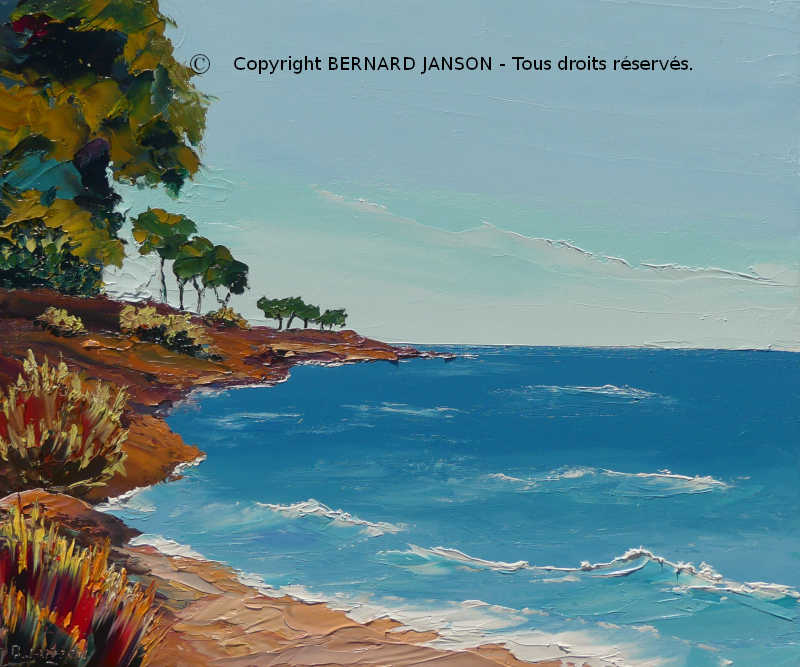 peinture à l'huile sur toile au couteau; un bord de mer avec des pins maritimes et des rochers