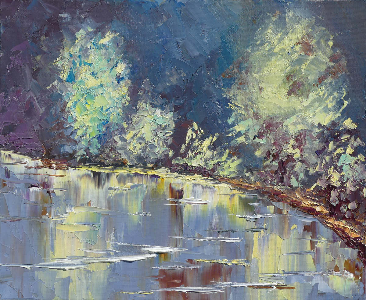 tableau de peinture au couteau avec un étang et le reflet de la végétation le tout évoque le calme, la sérénité