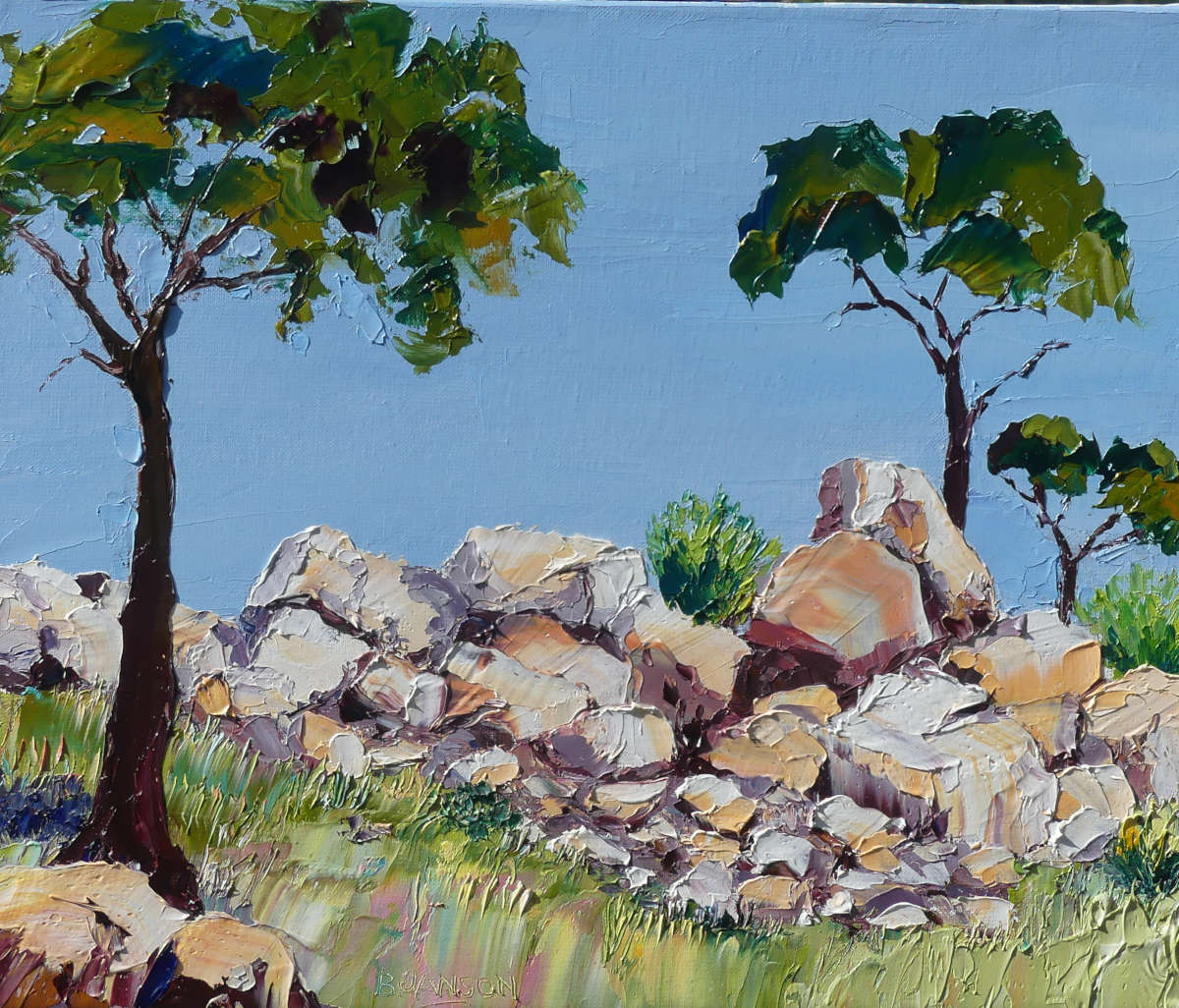peinture au couteau paysage romantique dans une pinède avec un amas de rochers
