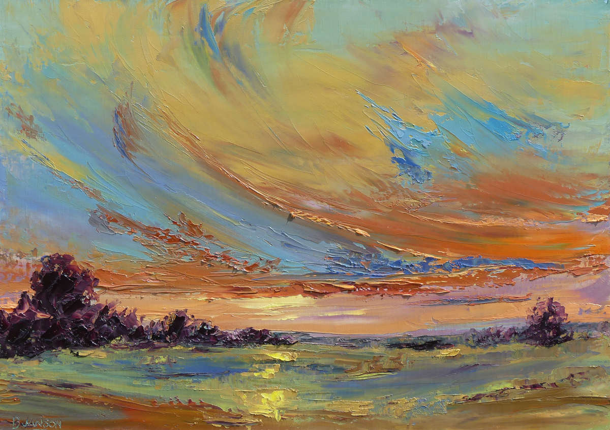 peinture moderne sur toile au couteau; un paysage de soleil couchant sur une colline