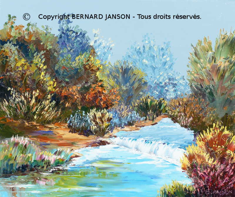 tableau sur la campagne peint au couteau; paysage avec rivière et petite cascade dans la verdure