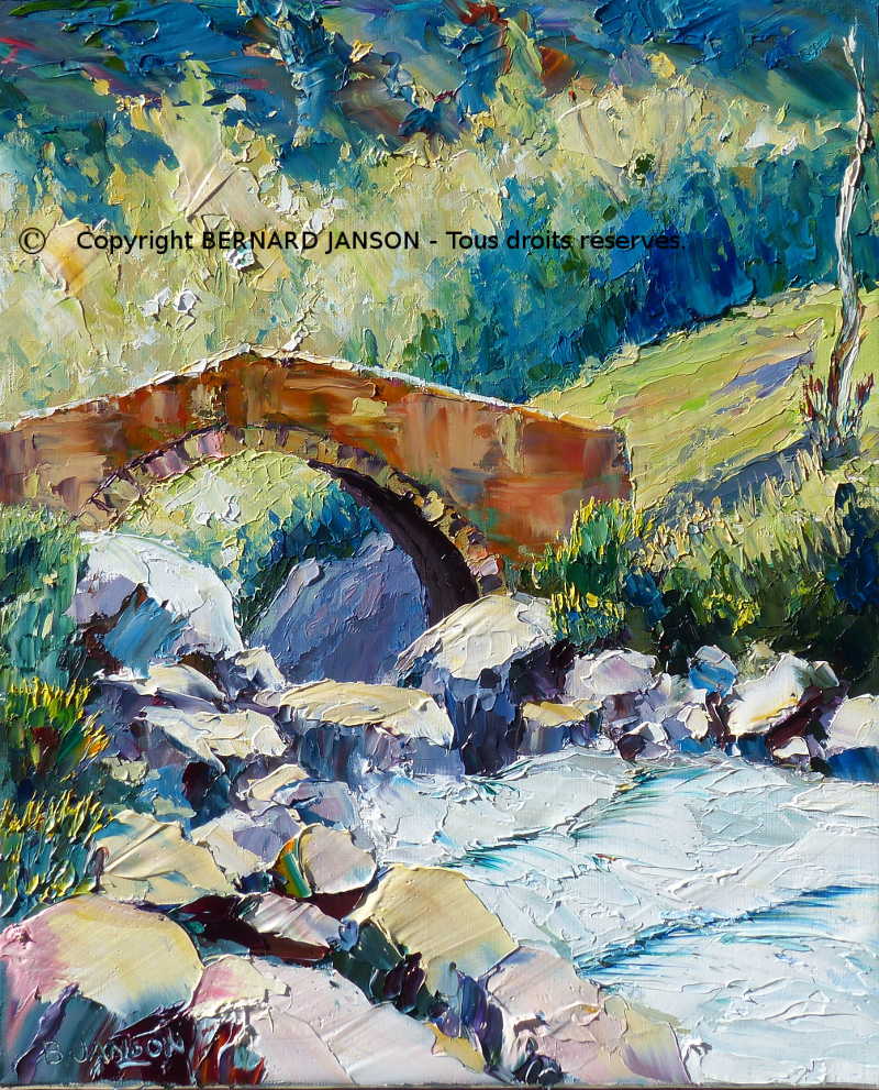 tableau peint au couteau; paysage de la montagne avec un pont ancien au dessus d'un torrent fougueux