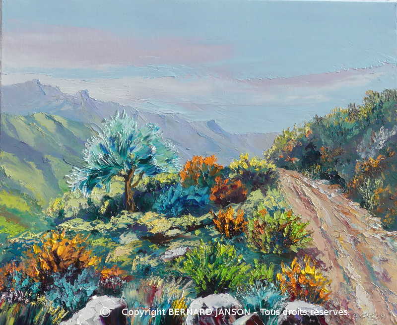 huile sur toile au couteau; paysage de la montagne des canaries avec sa floraison typique