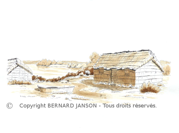 anciennes cabanes des pecheurs dessinées à l'encre et au lavis