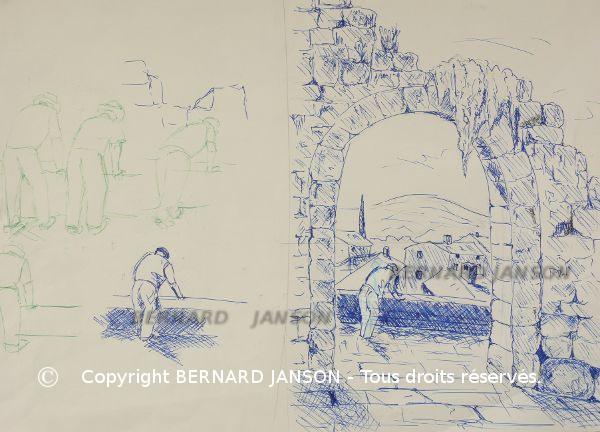 dessin encre et stylo etude de personnage dans un paysage