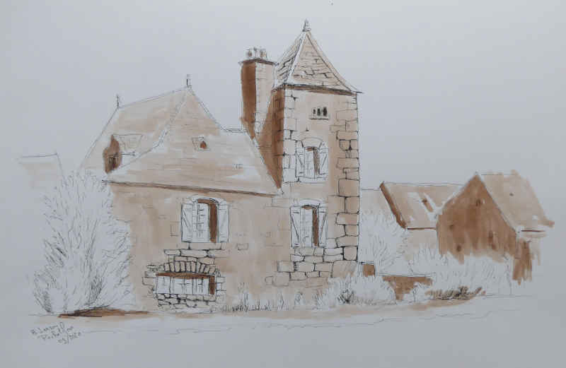 dessin à l'encre de chine et lavis d'encre sepia représentant un village ancien de la dordogne