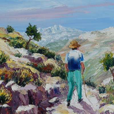 un artiste peintre contemporain présente une galerie de tabeaux sur le thème de la montagne