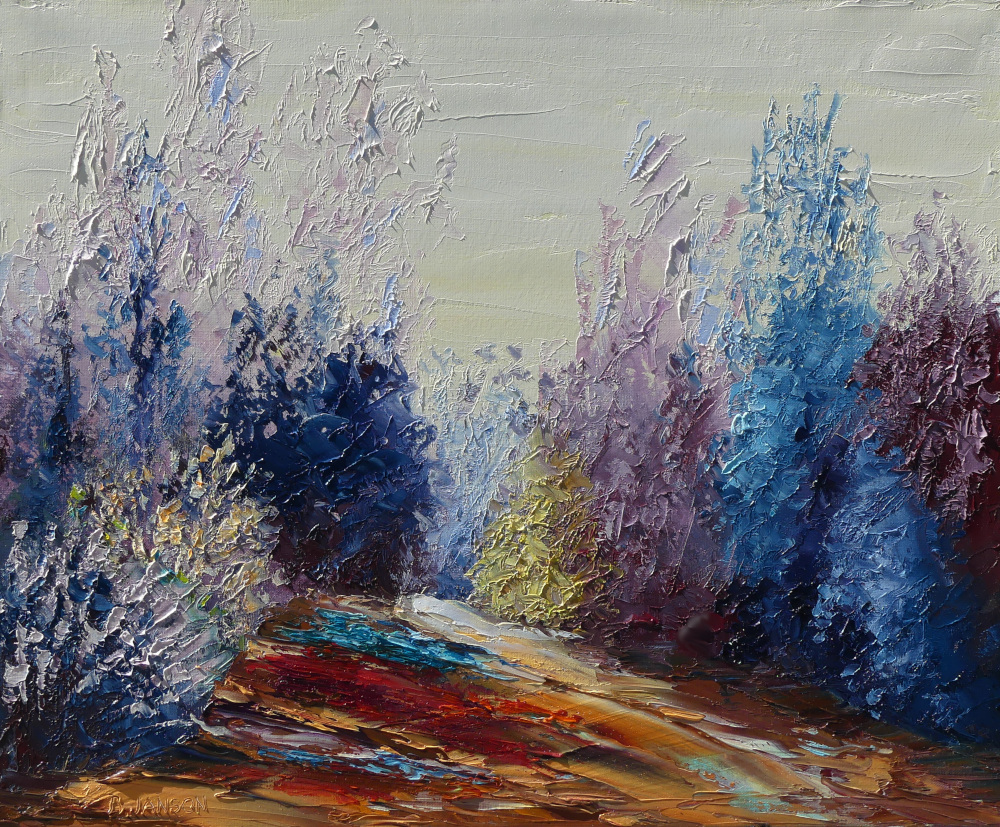 tableau moderen sur toile au couteau ; une ambiance sereine en forêt