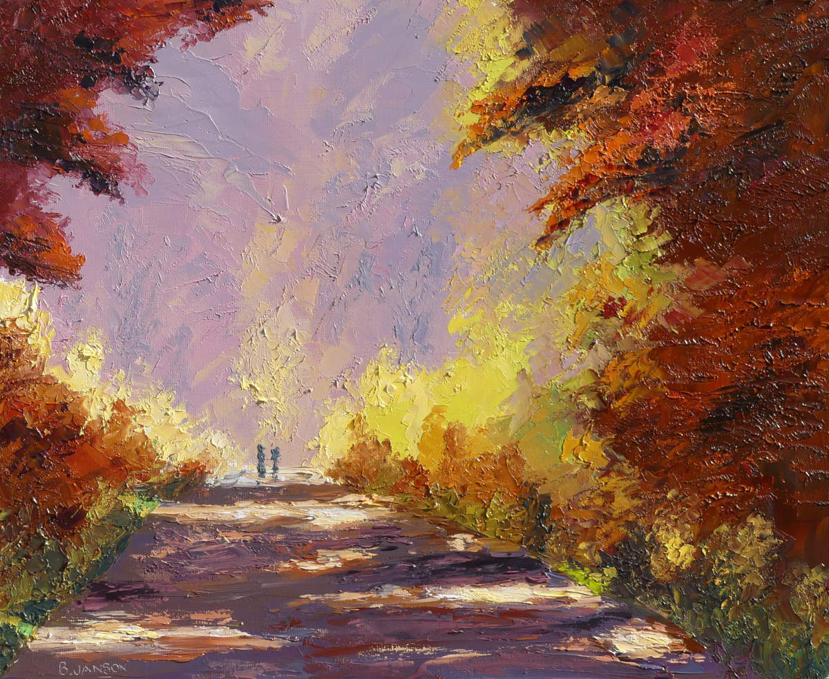 huile sur toile au couteau ; un chemin forestier ensoleillé avec des personnages qui se promèment