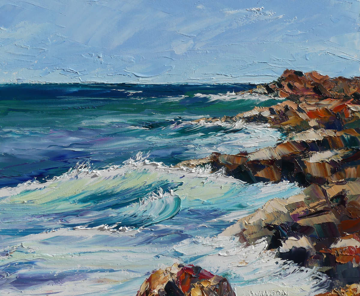 peinture au couteau ; paysage marin avec des vagues et des rochers
