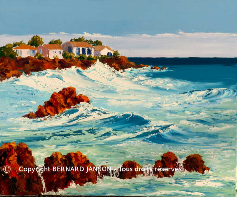 oeuvre d'art figurative au couteau; la mer à l'assaut des rochers