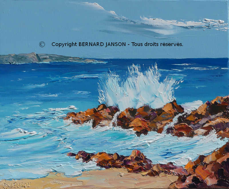 peinture artistiuqe au couteau ; des vagues déferlantes qui éclatent sur des rochers déchiquetés.