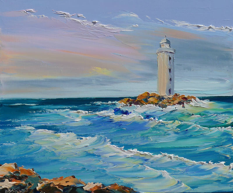 peinture au couteau; un phare au milieu de la tempete avec des vagues énormes