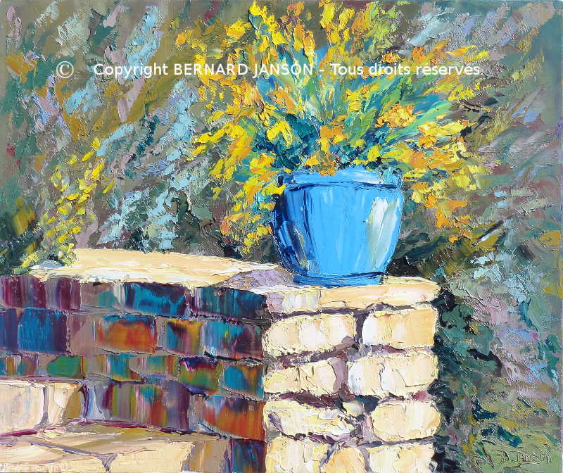 oeuvre d'art moderne; huile sur toile au couteau; escalier avec une cruche bleue et des fleurs