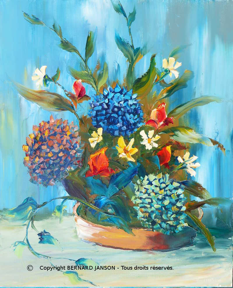 tableau d'art moderne; huile au couteau; bouquet de fleurs aux hortensias