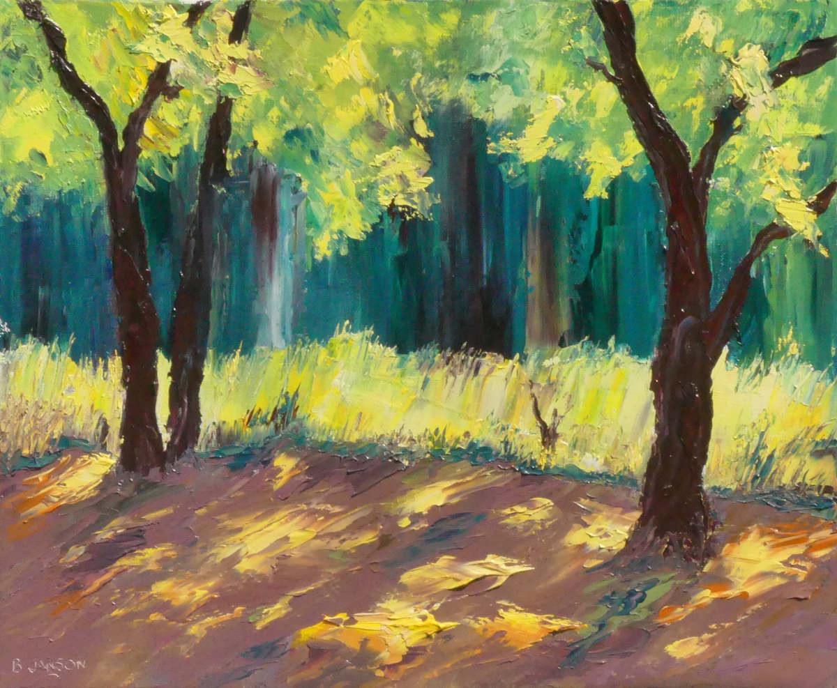 peinture à l'huile sur toile au couteau un contre jour dans la foret
