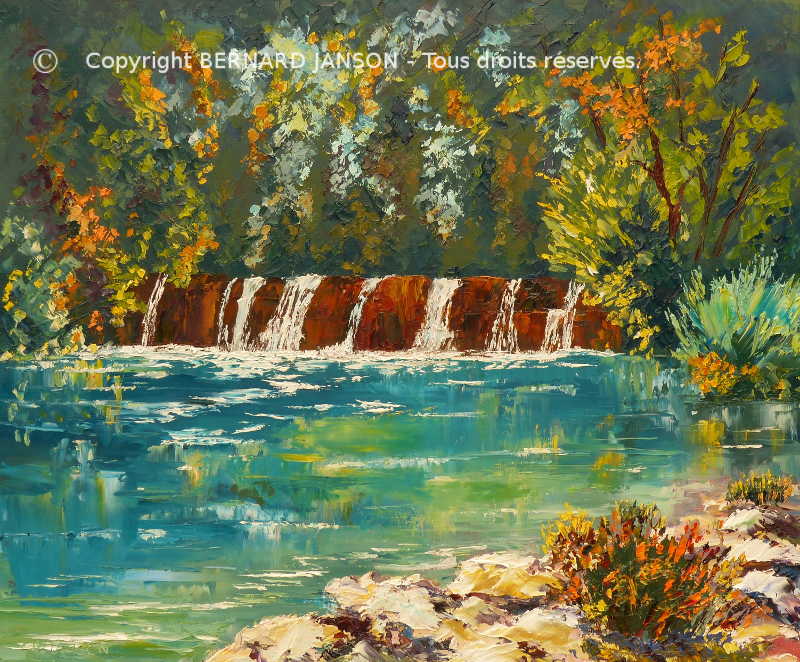 tableau de peinture au couteau ; les rives du Gapeau en été avec les frondaisons rafraichssantes et la clarté de l'eau qui descend de la cascade