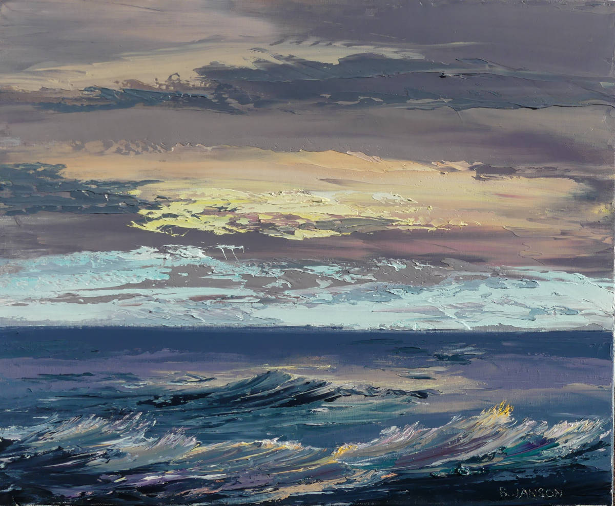 peinture contemporaine sur toile au couteau; la sérénité d'un coucher de soleil sur la mer