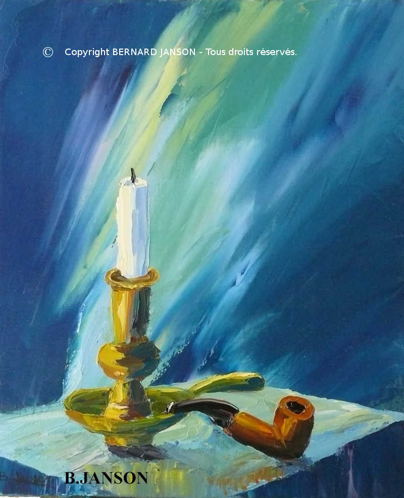 peinture figurative au couteau nature morte  pipe et bougeoir sur un fond bleuté