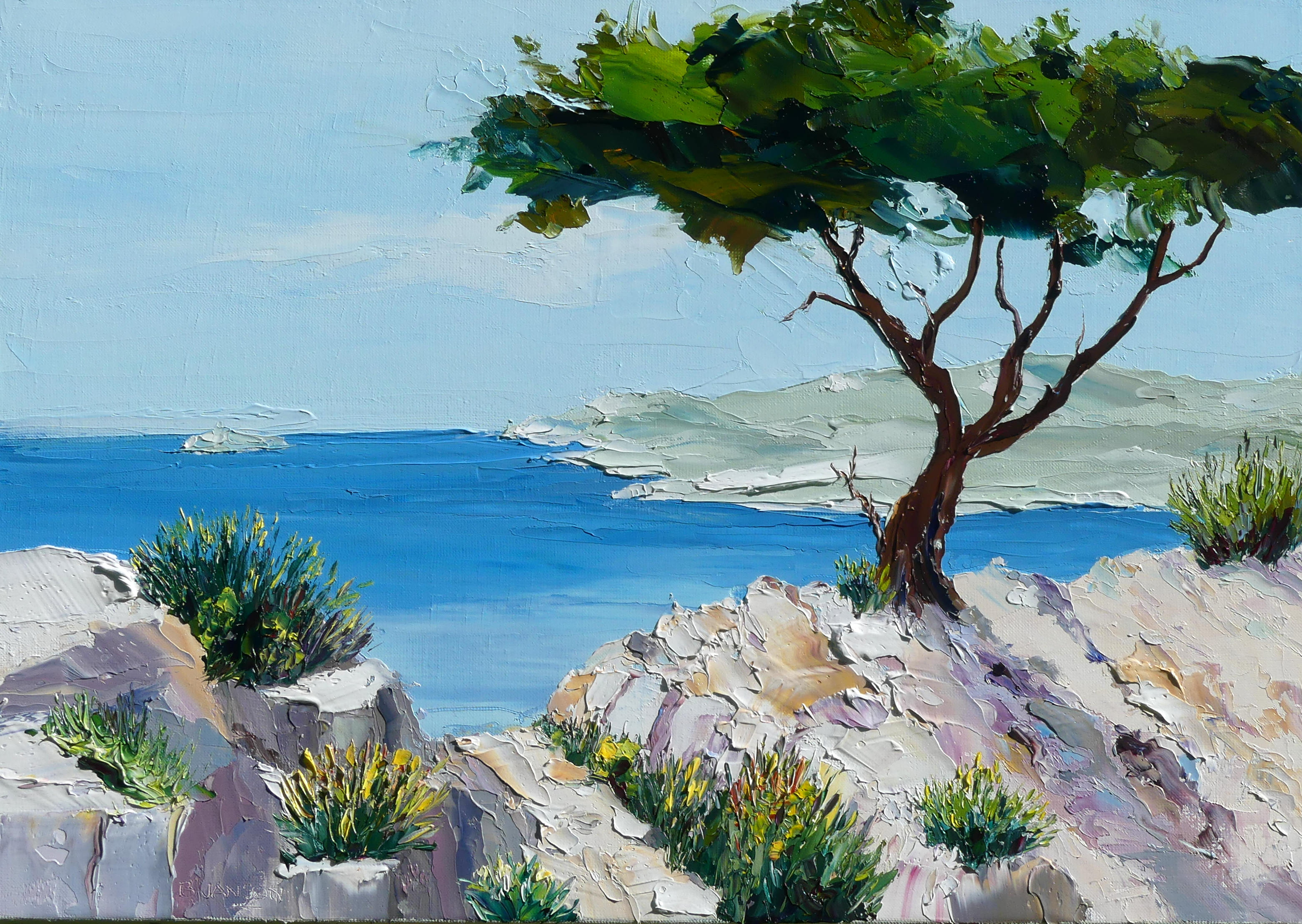 peinture à l'huile au couteau représentant un paysage des Calanques de Marseille