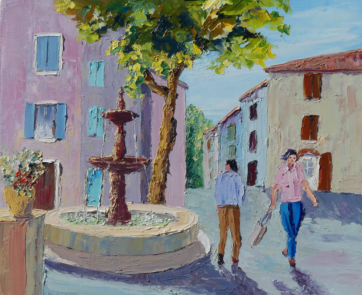 huile sur toile au couteau une fontaine dans un village de la Provence