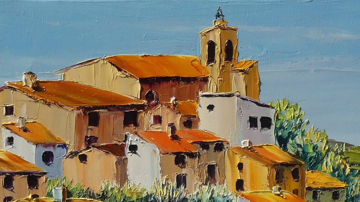 un détail du tableau à l'huile au couteau sur le village perché en provence