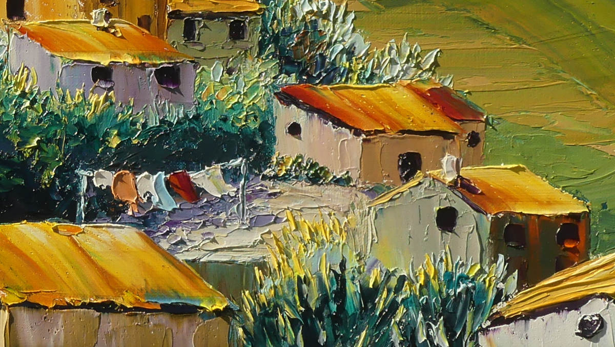 un autre détail du tableau à l'huile au couteau sur le village perché