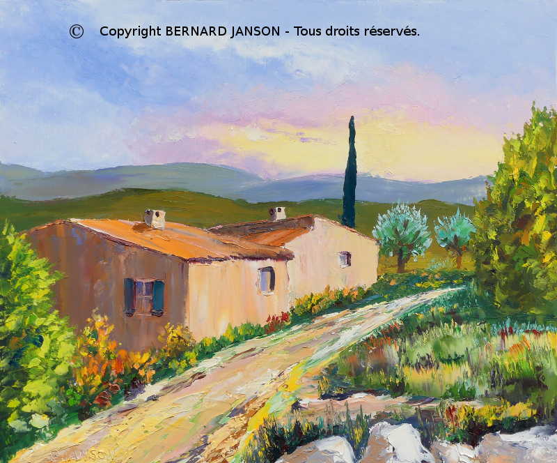 peinture au couteau paysage typique de la Provence avec des habitations traditionnelles et la végétation luxuriante du printemps