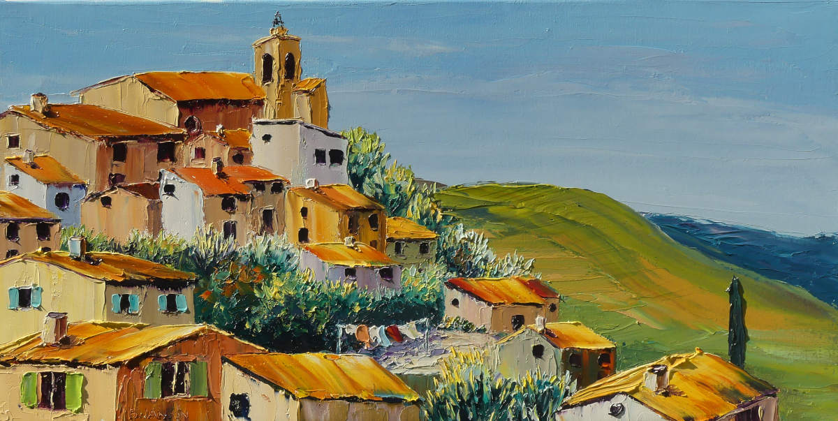 tableau à l'huile au couteau un village perché en Provence