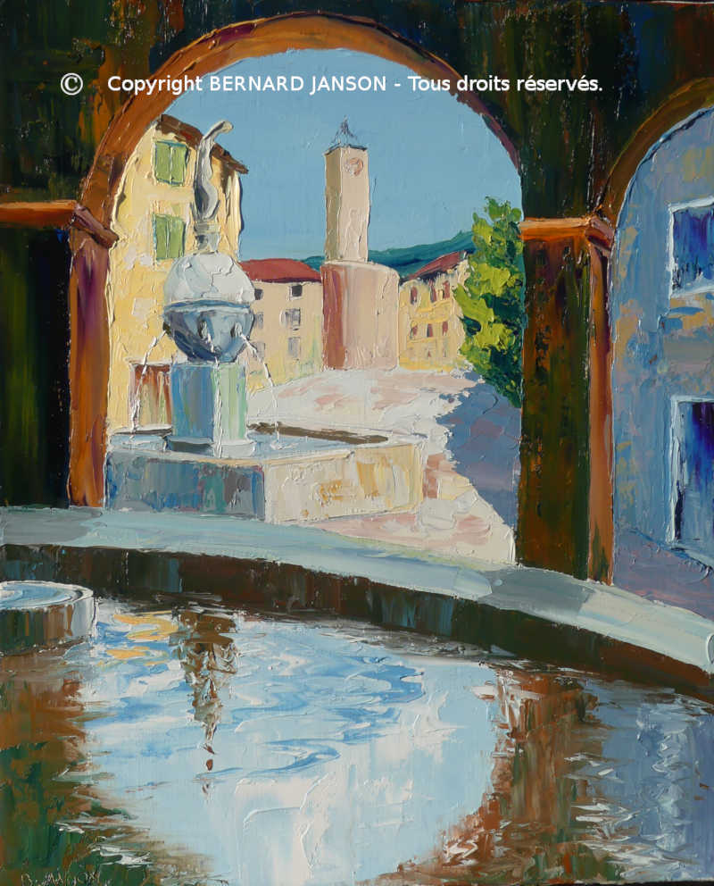 tableau au couteau; un village de la provence avec une jolie fontaine et un lavoir