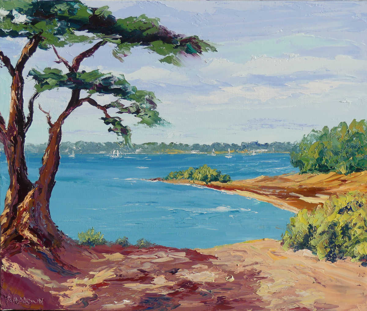 tableau au couteau une jolie crique ensoleillée  dans le golfe du morbihan