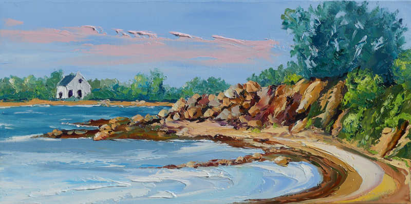un aspect de l'ile d'arz dans le golfe du morbihan sur un tableau peint à huile sur toile au couteau