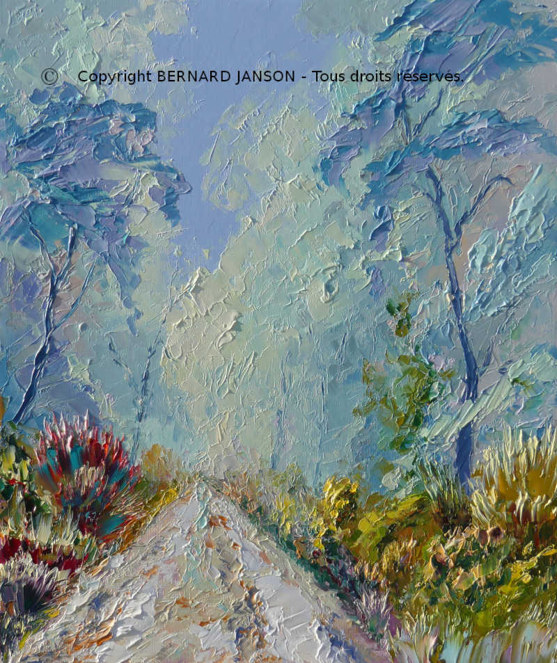 paysage en huile sur toile au couteau; un chemin lumineux dans la campagne verdoyante