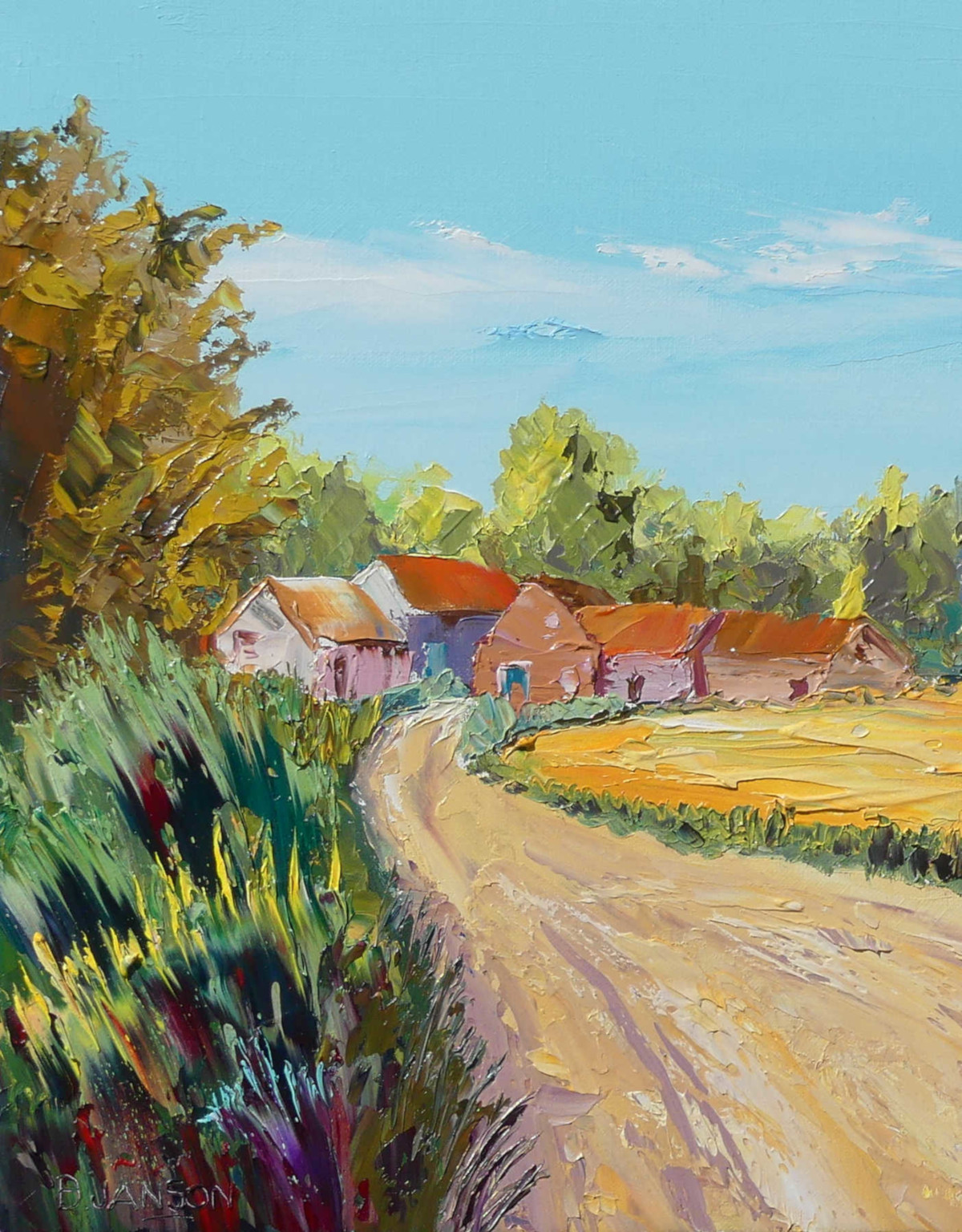 tableau au couteau paysage de la campagne un chemin vers le village de Mons en pévèle dans le nord de la France