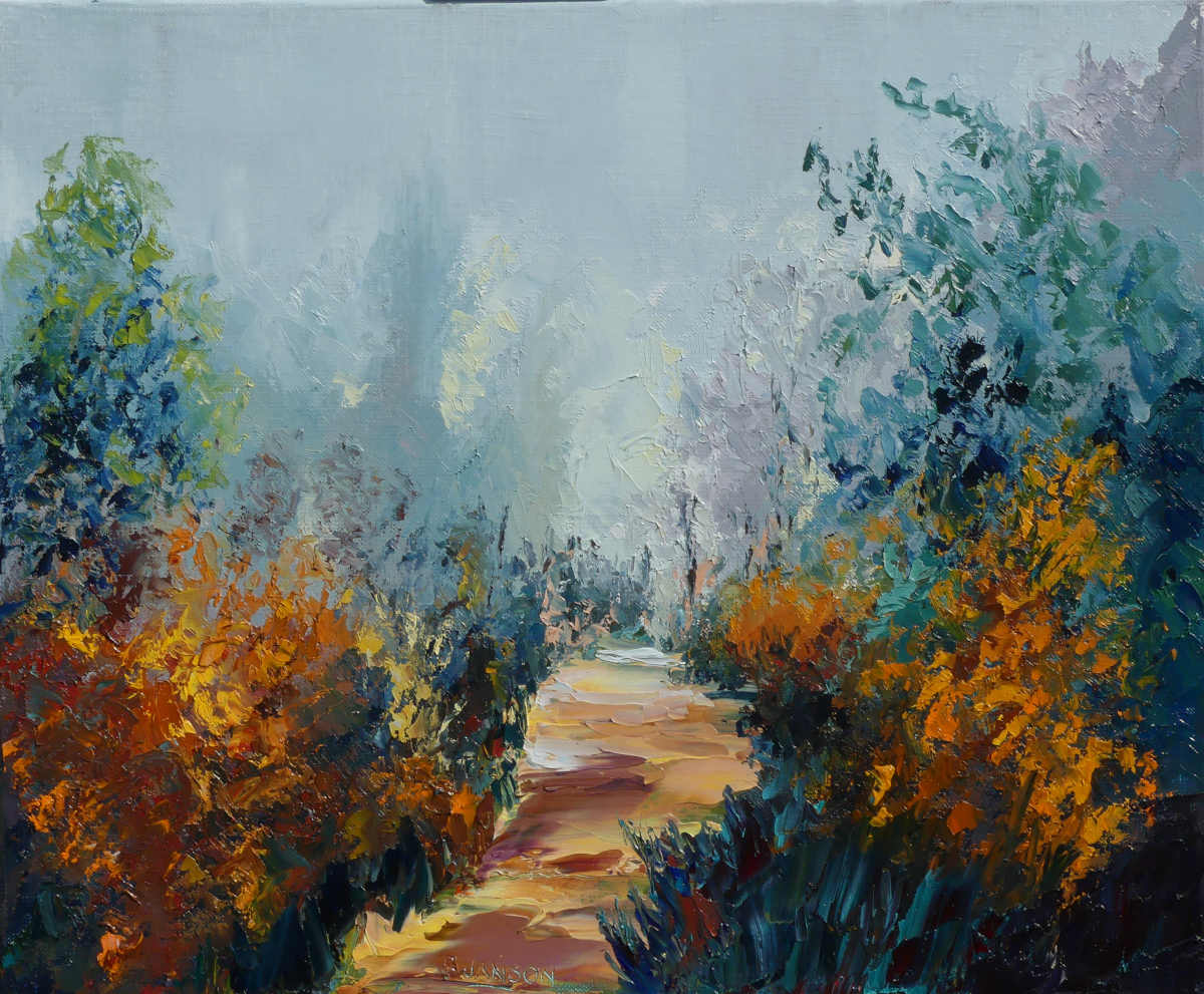 tableau au couteau en huile sur toile au couteau; un chemin mystérieux dans la foret
