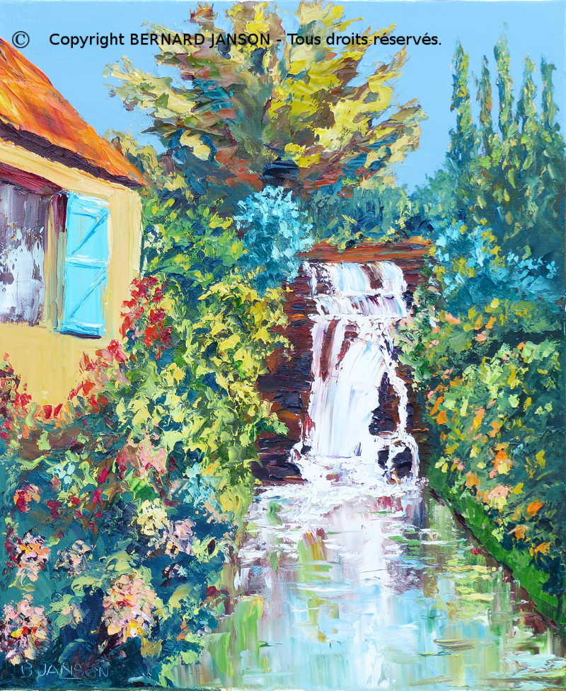 peinture au couteau; sur ce tableau on voit la petite cascade de la rivière DENACRE 