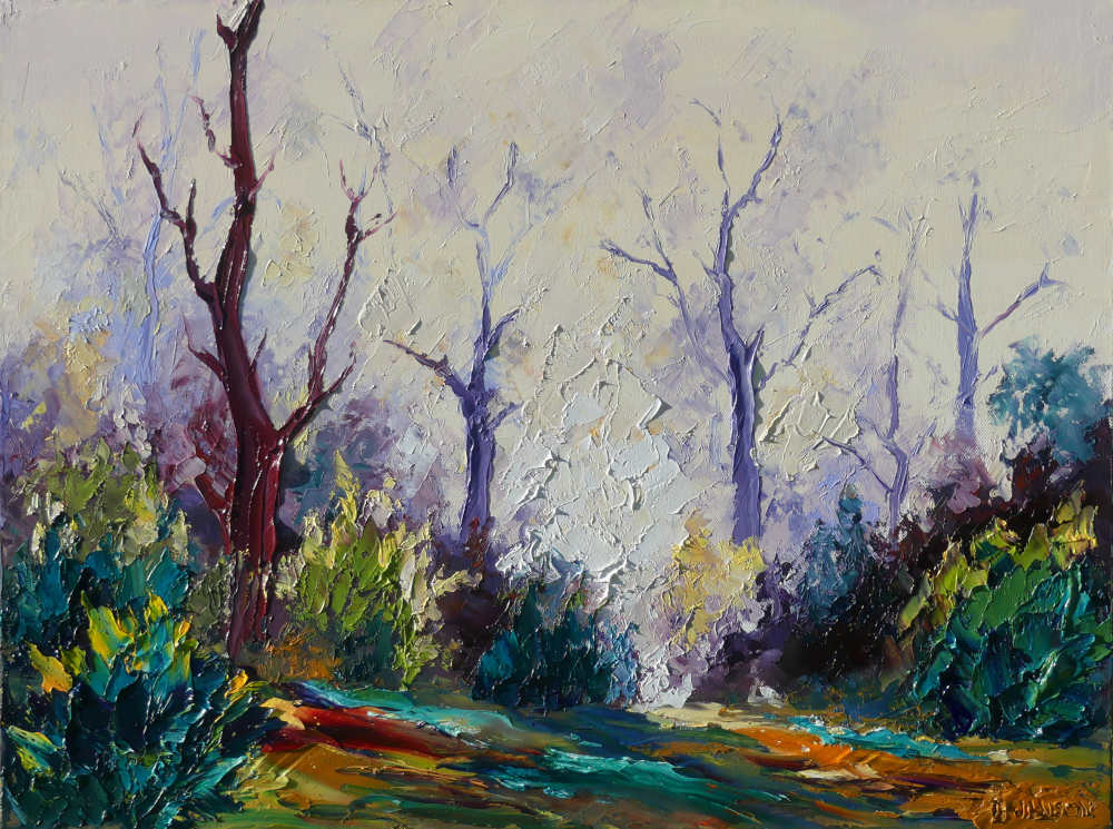 huile contemporaine sur toile au couteau ; une ambiance de sous-bois au soleil