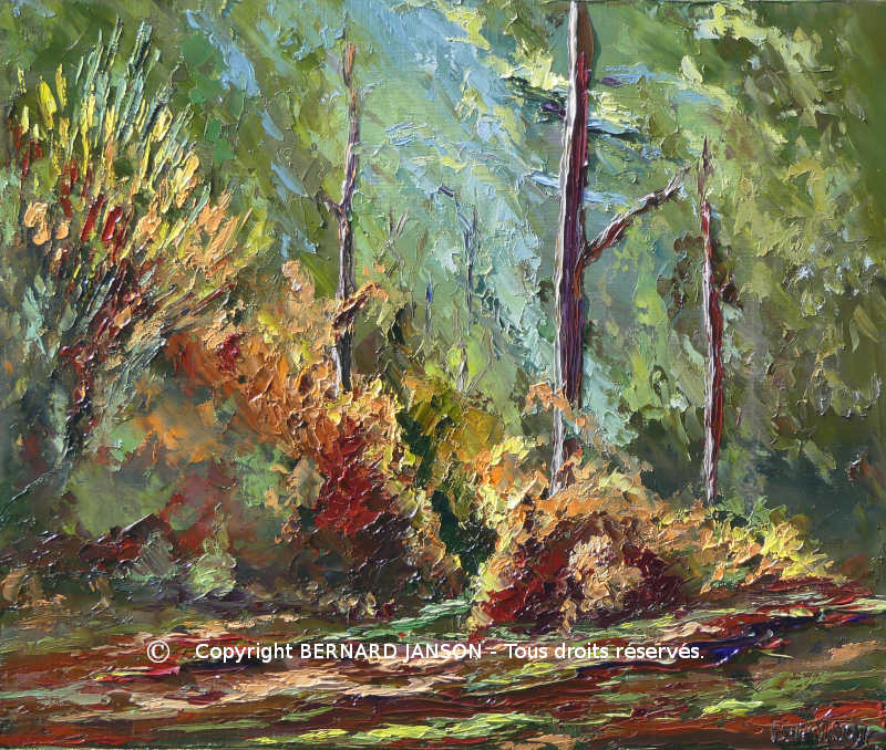 huile moderne sur toile au couteau ; un sous-bois avec un rayon de soleil dans le feuillage