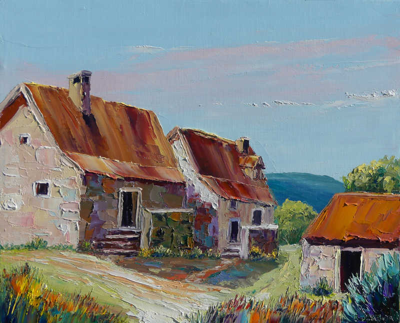 tableau moderne au couteau; un hameau de vieilles maisons de pierres