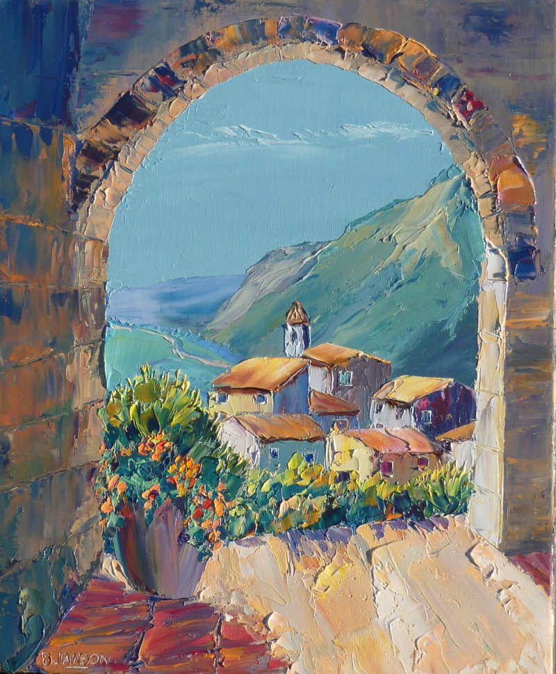 un paysage de montagne en huile sur toile au couteau avec un village en arrière plan