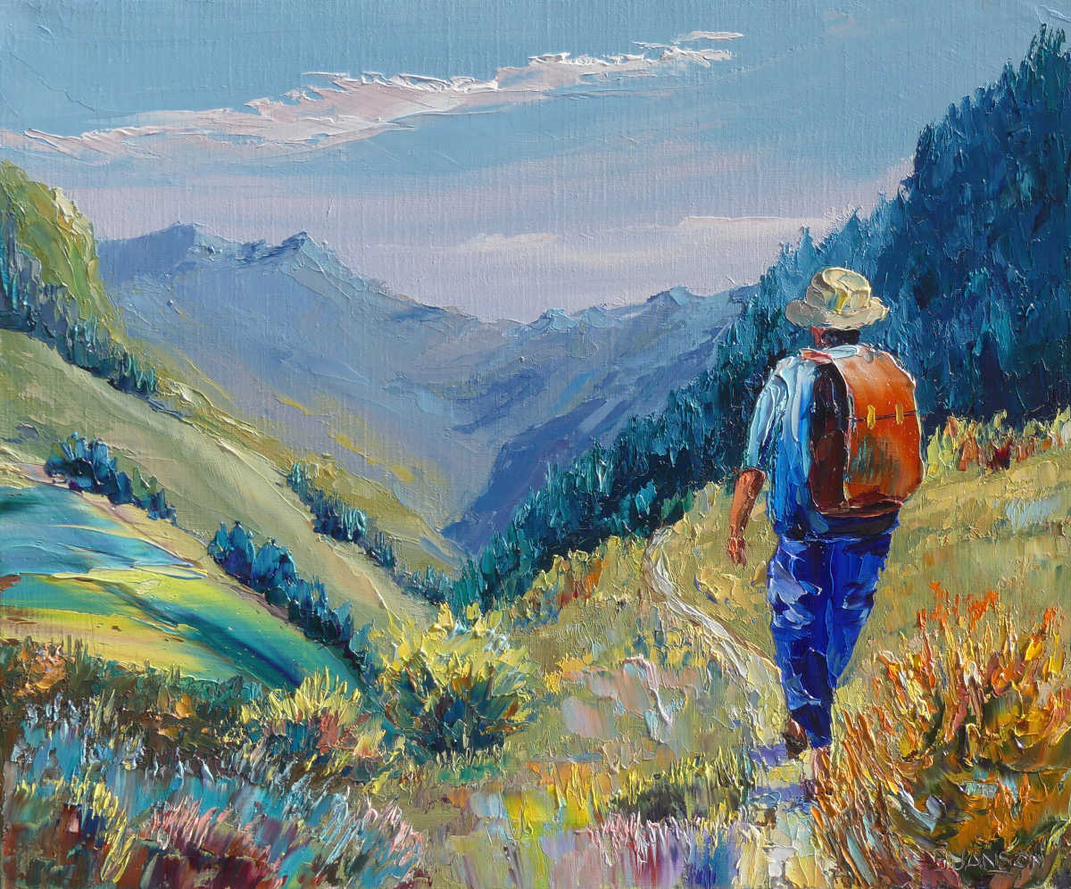 un promeneur dans les alpages tableau de peinture au couteau