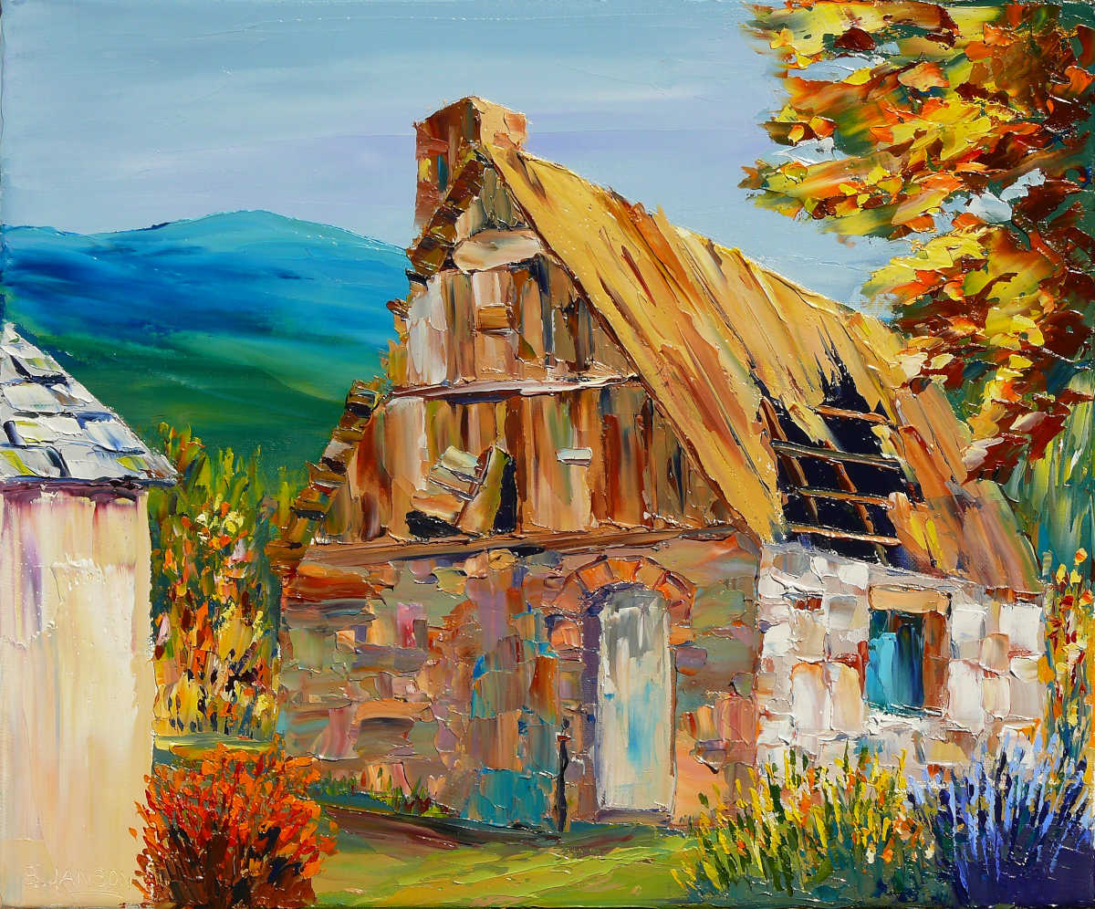 tableau sur la montagne peint au couteau; une vieille maison abandonnée avec son toit de chaume