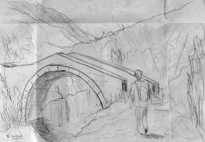 autre esquisse dessinée au crayon avec le vieux pont de ierres et un personnage