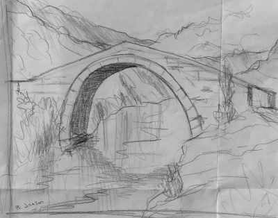 esquisse dessinée au crayon avec le vieux pont de pierres face en plein soleil